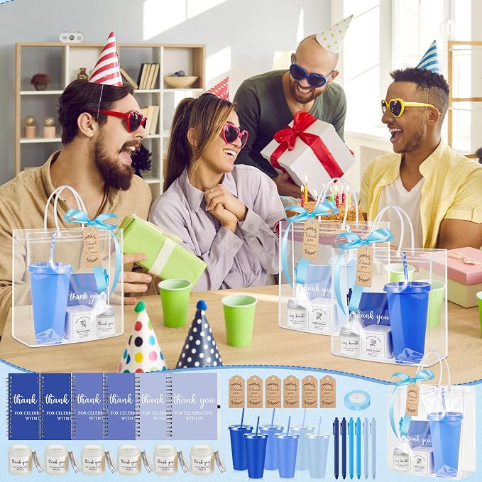 Nuogo 12 Sets New Parent Shower Prizes for Player Winners Adult, Wedding Bridal Shower Gift, Plastic Tumbler Notebook Scented Candle Ballpoint Pen Bag (Gradient Blue,Classic Style)