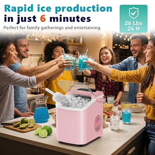 OLIXIS Countertop Ice Maker with Self-Cleaning, Portable Ice Maker Machine with Ice Scoop, 26Lbs/24H, 9 Cubes in 6 Mins, 2 Sizes of Bullet Ice for Home, Kitchen, Office