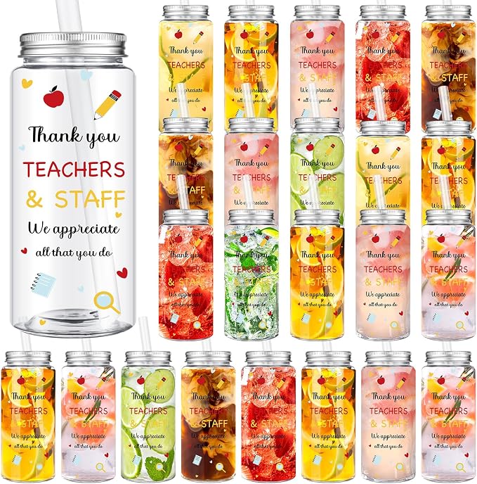 Skylety 24 Pcs Back to School Gift Bulk Teacher and Staff Appreciation Cup 14 oz Thank You Cups Plastic Cups with Lid and Straw for School Teacher Staff Office Classroom Party Favor Supplies