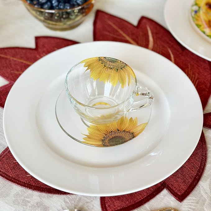 STP GOODS Sunflowers Glass Tea Cup and Saucer Set of 2 Glass Teacups 6.8 fl oz (200 ml) Cups with Matching Saucers for Two, Tea Coffee Set for 2, Coffee Cups, Dishwasher and Microwave safe