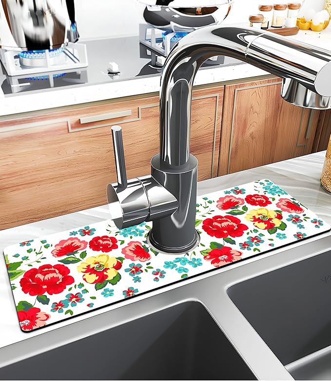 Kitchen Sink Splash Guard Faucet Mat Super Absorbent Fast Drying Mat Sink Gadgets Splash Guard Behind Faucet Drip Catcher for Kitchen (Beautiful Flower, 15x5.5in)