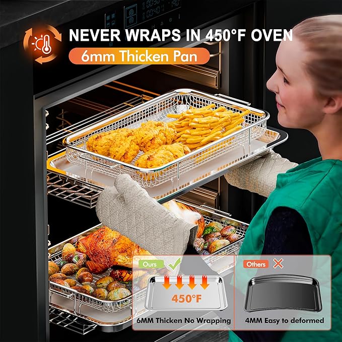 Air Fryer Basket for Oven, 3 Set Oven Air Fryer Basket and Tray Set with 90 PCS Parchment Papers, THORSES Thickened NonStick Stainless Steel Air Fryer Pan and Crisper Tray-Extra Large & Large & Medium