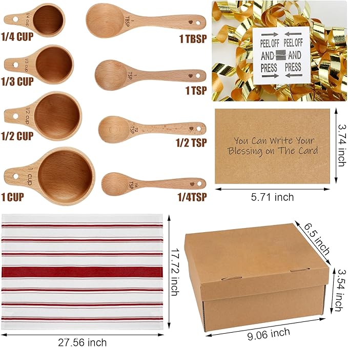 Reallnaive 14 Pcs Christmas Wooden Baking Gift Set - Wooden Measuring Cups and Spoons, Baking Towel, Greeting Card, Self-adhesive Curly Bows for Women, Dry Measuring Ingredient Christmas Kitchen Gift