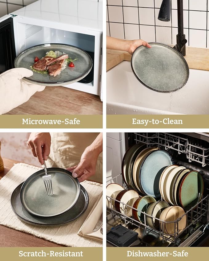 Famiware Milkyway Stoneware Dinnerware Set, 24-Piece, Double Reactive Glaze, Plates and Bowls, Service for 8, Microwave and Dishwasher Safe, Scratch-Resistant, Greenish Brown
