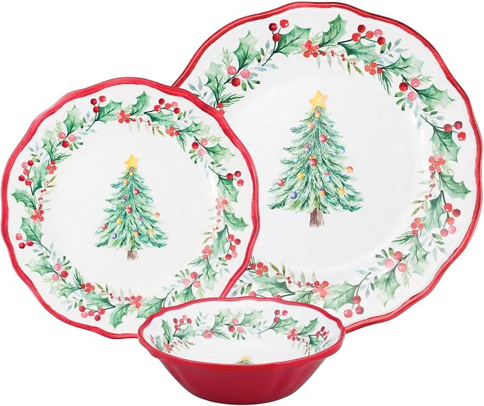 UPware 12 Piece Christmas Tree Melamine Dinnerware Sets, Outdoor Dishes Set, Plates and Bowls Sets, Christmas Decorations, Service for 4, Red