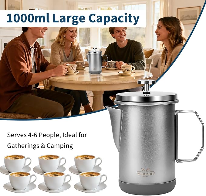 MERMOO YILAN Stainless Steel French Press with Folding Handle 32oz Black | for 4-6 Cups|Also a Milk Frother& Tea Maker|Non-slip Silicone Base|Compact Size for Camping, Travel, Backpacking,RV
