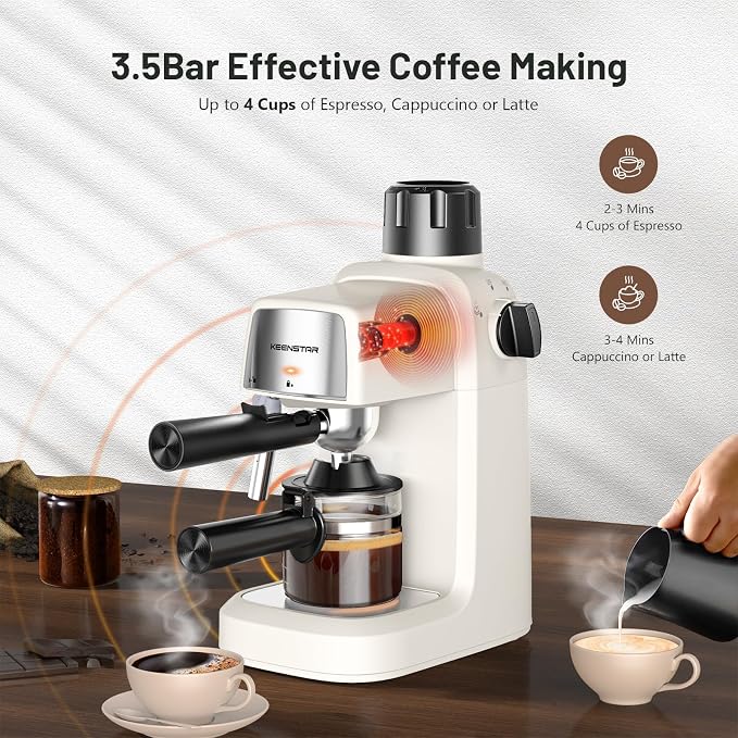 KEENSTAR 3.5Bar Espresso Machine with Milk Frother, 800W Compact Espresso and Cappuccino Maker, Preheating Function, 4-Cup Espresso Maker for Latte or Cappuccino, Gift for Coffee Lovers Upgrade