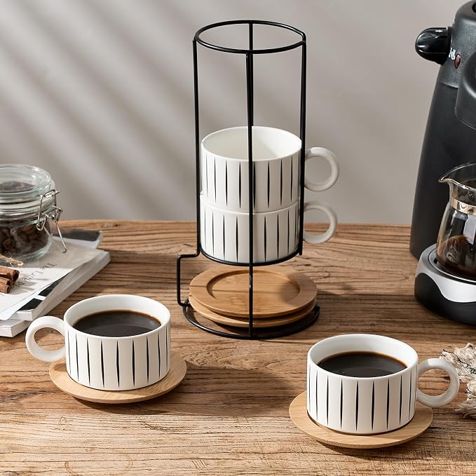 LUKA 6 Ounce Porcelain Stackable Espresso Cups with Saucers and Metal Stand Set of 4, Ceramic Cappuccino Cups Set for Specialty Coffee Drinks, Latte, Cafe Mocha and Tea, Stripes, White