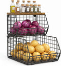 X-cosrack Stackable Wire Baskets for Counter, Fruit and Vegetable Storage, Potato and Onion Storage Bin，Kitchen Pantry Organizer - Wall Basket for Produce/Snack/Can, Large with Wood Top, Black