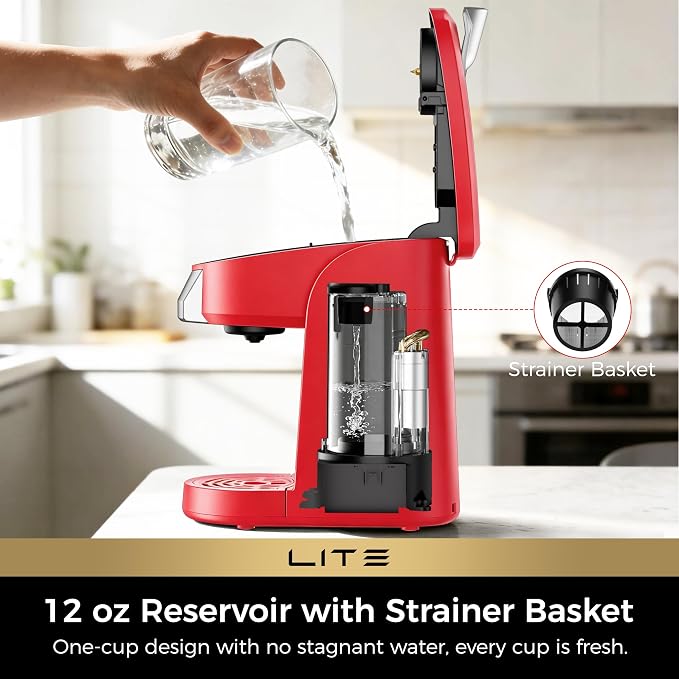 CHULUX Lite Single Serve Coffee Maker for K Cup Capsules, Single Cup Reservoir Coffee Maker with One Touch Brewing, 5 to 12 Oz Brew Sizes, Designed Specifically for Standard Mugs, Red