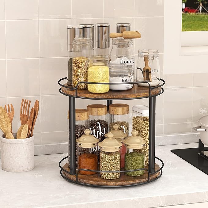 LAMU 2 Tier 9'' Lazy Susan and 10.2'' Wood Lazy Susan Turntable Organizer for Cabinet