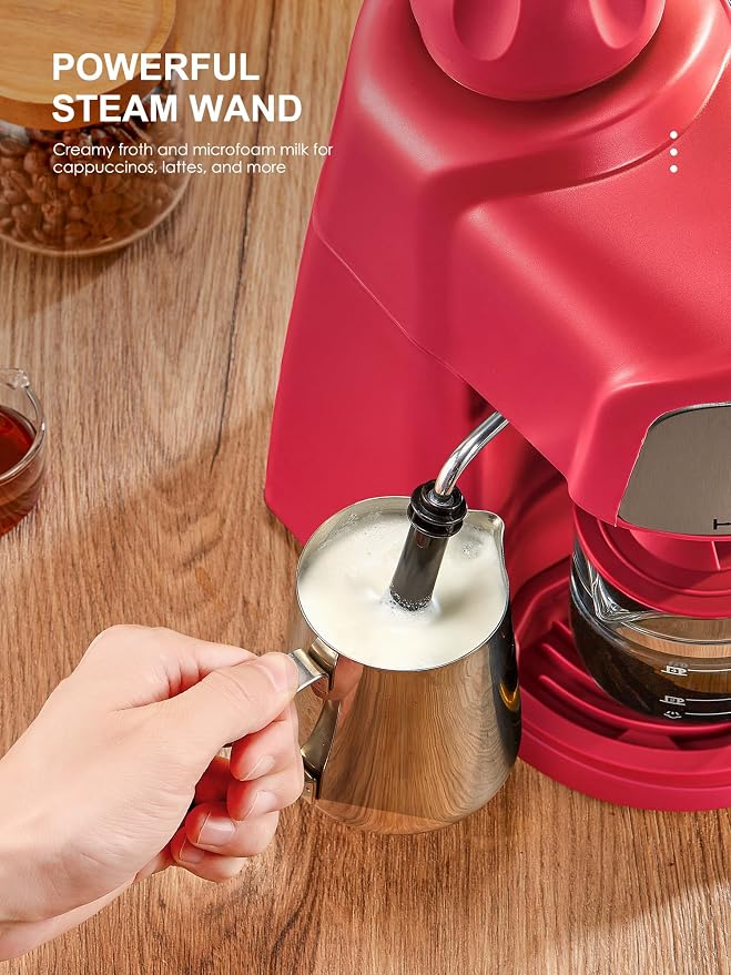 Ihomekee Espresso Machine, 3.5Bar Espresso and Cappuccino Machine with Preheating Function, 4 Cup Coffee Maker with Milk Frothing Function and Steam Wand (Red), CM6810