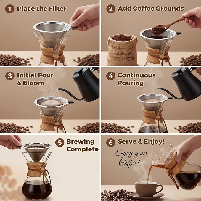 AGOGO Pour Over Coffee Maker Glass - Barista Kit with 304 Stainless Filter for Home, Office, Camping, Cafes - Easy Clean Coffee Dripper Set (Soft Towel&Brush) (34oz Diamond Design w/SS Filter)