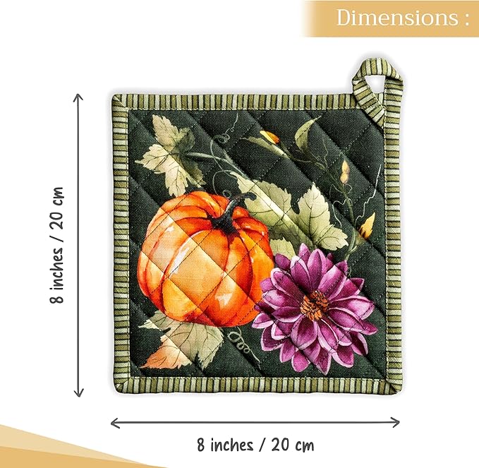 Maison d' Hermine Pot Holders 100% Cotton Heat Resistant Potholders 8" x 8" Hot Pads with Loop for Thanksgiving Christmas Decorations Baking Handling Hot Pans (Pack of 1, Pumpkin Garden - Dark Green)