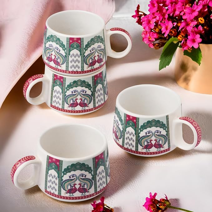 Servo Best Handmade Cermaic Tea Cup Set of 4-5 Oz Small Cups for Espresso, Cappuccino, Tea, Chai – Dishwasher & Microwave Safe – Gift Set for Coffee Lovers, Kitchen, Home, Office - Peacock Design