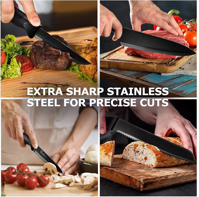 LIANYU Kitchen Knife Set with Block and 15-Piece Kitchen Cooking Utensils Set with Holder, 15 Pieces Knife Block Set with Sharpener and Silicone Kitchen Tools Include Spatula Tong Slotted Spoon Turner