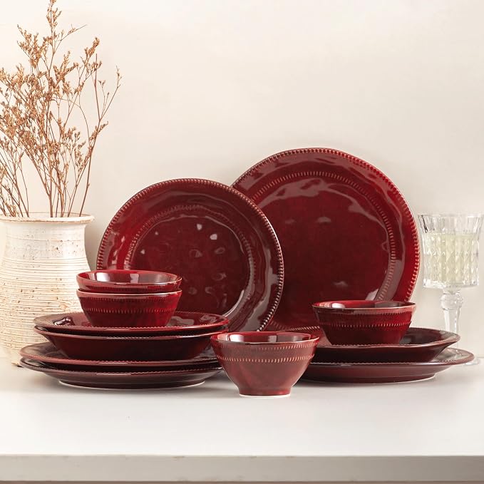 4-piece ceramic dinnerware set with active glaze, modern-shaped tableware set, suitable for kitchen, microwave, dishwasher, and oven, scratch-resistant, red