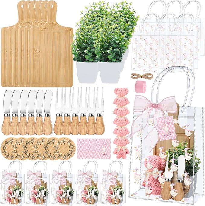 Honeydak 49 Pcs Baby Shower Prizes for Game Players 6 Set Cheese Board Fork Knives Coaster Towel Artificial Potted Plant Thanks Card Gift Bag for Baby Bridal Shower Wedding Favors(One Silly Goose)