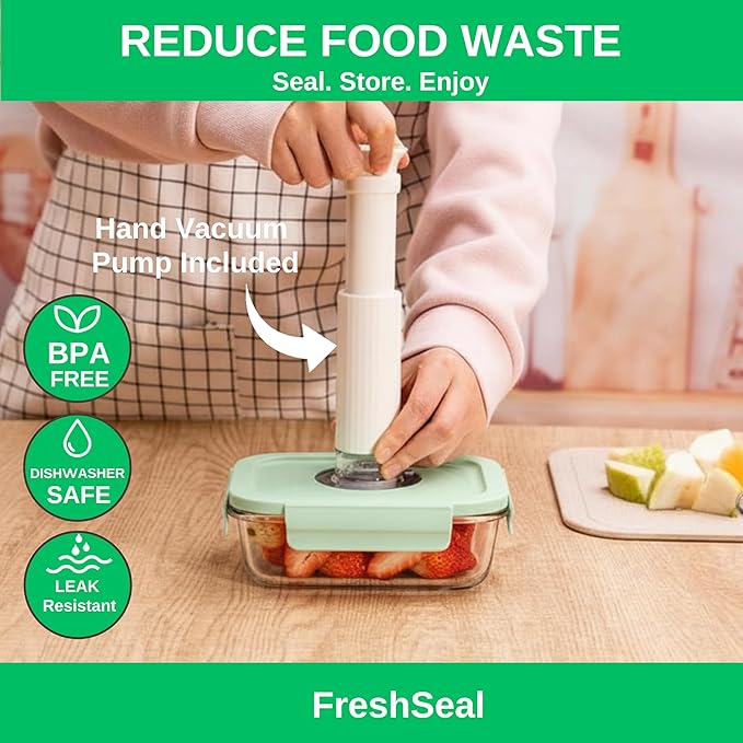 Glass Vacuum Sealable Container Set, 3 Rectangular Containers, 10 Bags, Hand Pump