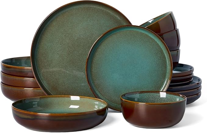 Famiware Milkyway Stoneware Dinnerware Set, 16-Piece, Including Pasta Bowl, Double Reactive Glaze, Plates and Bowls, Service for 4, Microwave and Dishwasher Safe, Scratch-Resistant, Moss Green & Cocoa