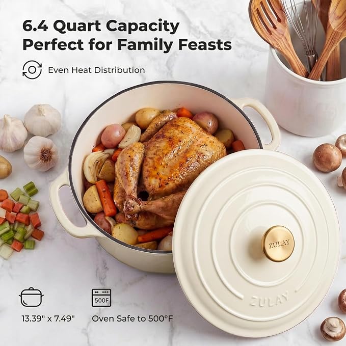 Zulay Kitchen 6.4QT Enameled Cast Iron Dutch Oven Pot with Lid, Heavy-Duty Soup Pot for Stews, Braising, Roasting & Sourdough Bread Baking, Oven Safe up to 500°F - Ivory