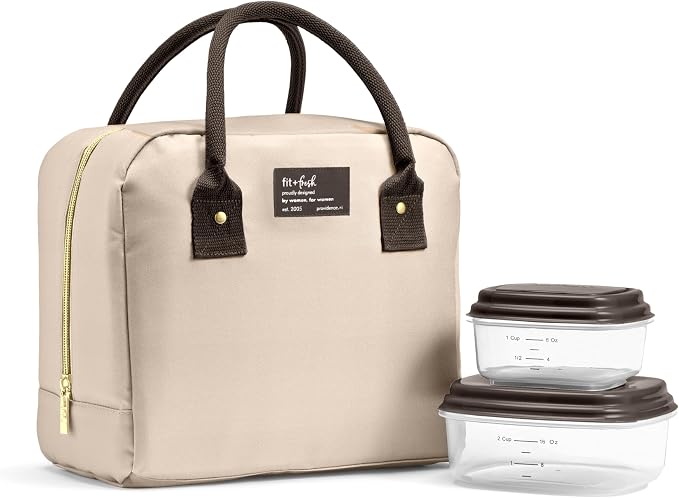 Fit & Fresh Bloomington Lunch Bag for Women - Insulated Large Lunch Box for Work with Containers, Leak-Resistant, Tan
