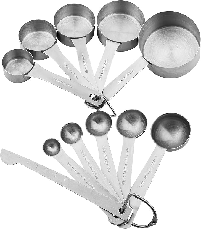 Smithcraft Stainless Steel Measuring Cups and Spoons Set, 18/8(304) Steel Material Heavy Duty 5 Measuring cups and 5 Measuring Spoons 1 Leveler and 2 rings Pack 13pcs Per set