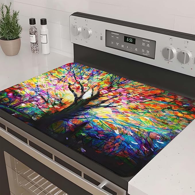 Decorative Stove Top Covers for Electric Stove 28"x20" – Heat Resistant Glass Cooktop Protector Dish Drying Mat – Non-Slip Rubber Backing Washer Top Cover Waterproof Extra Counter Space (Tree 2)