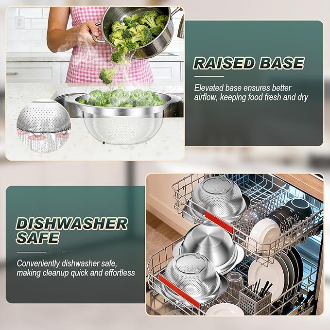 Stainless Steel Colanders with Mixing Bowl - 3.0QT & 2.0QT Strainer and Colander with Handle, 3.5QT Nesting Kitchen Bowl with Colander For Pasta, Vegetables, Fruit, Rice, 3PCS