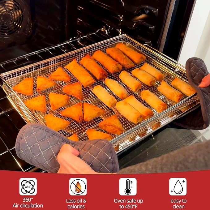 Geesta 304 Stainless Steel Air Fryer Basket for Oven with 50 Recipes, 16.5” x 12.5” Extra Large Air Fryer Tray and Pan, Air Fryer Rack, Crisper Basket &Tray, Air Fryer Oven Accessories