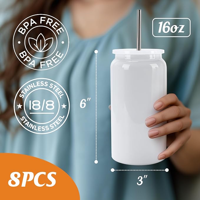 Joyclub Bundle of 8 Set Sublimation Tumblers and 8 Pack Sublimation Glass Cups