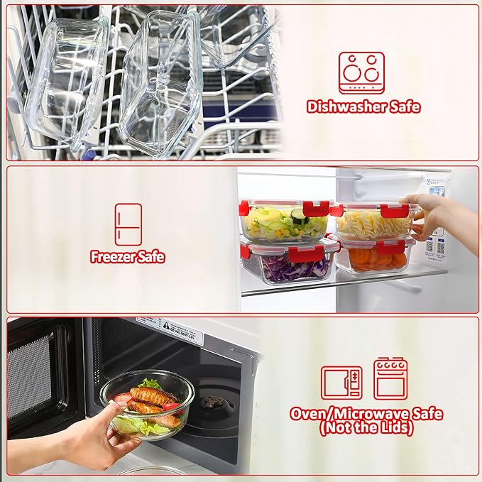 M MCIRCO 24-Piece Glass Food Storage Containers with Locking Lids,Glass Meal Prep Containers Set - Airtight Lunch Containers, Microwave, Oven, Freezer and Dishwasher, Red