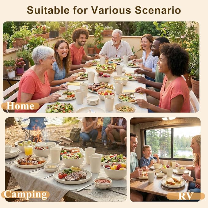 Dishes Set for 8, Wheat Straw Dinnerware Sets 40 Piece, Unbreakable Bowls and Plates Set, Plastic Plates Reusable, Microwavable Dishware Sets for Apartment, RV, Picnic - Beige
