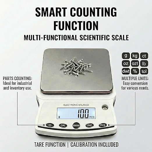 RESHY Lab Scale 5000g x 0.01g, High Precision Digital Analytical Balance with Calibration Weights, 0.01g Accuracy Scientific Gram Scale for Jewelry, Kitchen, Food, Powder, Chemical Use