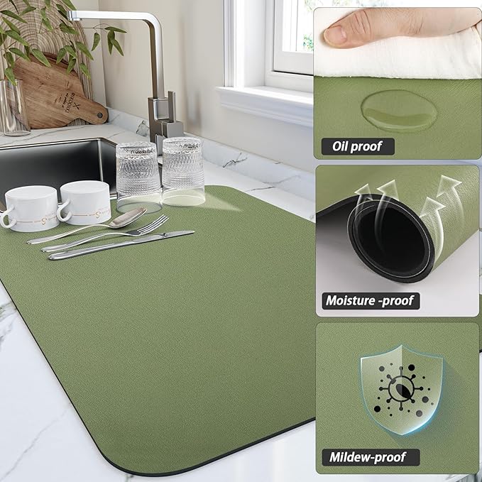 HotLive Dish Drying Mat for Kitchen Counter, Heat Resistant Drainer Mats with Non-slip Rubber Backed, Hide Stain Kitchen Super Absorbent Draining Mat, Easy to Clean Dish Rack Pad, Green 18"x24"