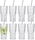 8 Set 20oz Vintage Plastic Tumbler with Lids and Straws Ribbed Floral Drinking Glasses Reusable Iced Coffee Cups for Water Juice Smoothie Cocktail Travel Party Events Gift (Clear)