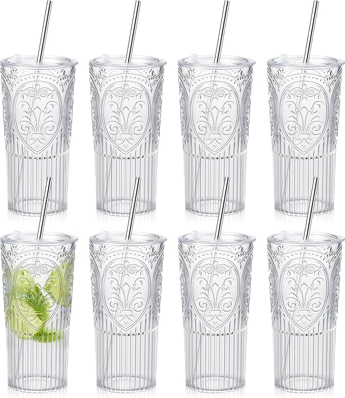 8 Set 20oz Vintage Plastic Tumbler with Lids and Straws Ribbed Floral Drinking Glasses Reusable Iced Coffee Cups for Water Juice Smoothie Cocktail Travel Party Events Gift (Clear)