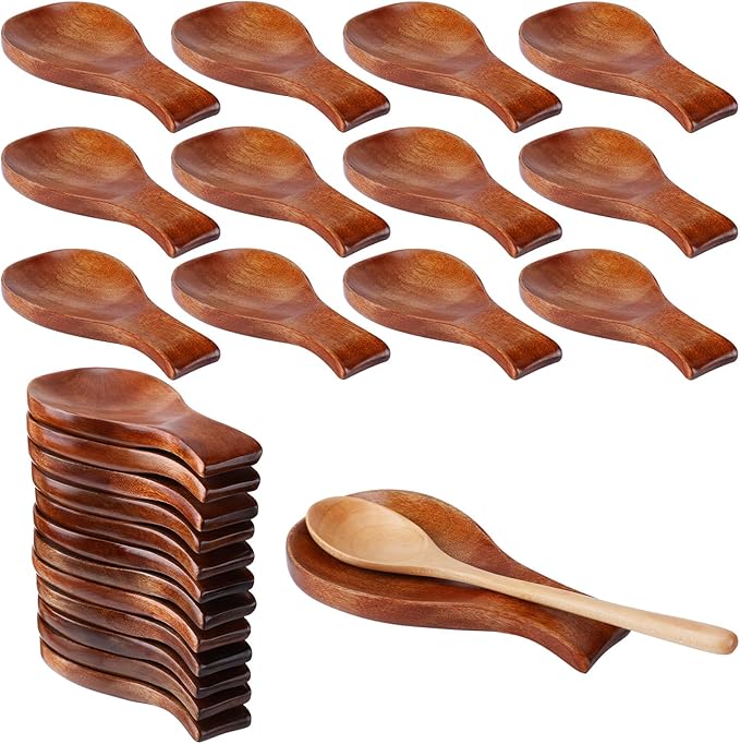 AceOrbit 12 Pack Wood Spoon Rest for Stove Top Bamboo Spoon Holder for Kitchen Counter Utensil Rest for Spatula, Ladles, Forks, Tongs, Modern and Rustic Dining Table Decor