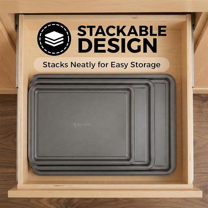 PERLLI Non-Stick 3-Piece Baking Pan Set – Carbon Steel with Even Heat Distribution, Oven Safe to 446°F, BPA-Free, Dishwasher Safe, Stackable Baking Tools for Easy Storage and Everyday Cooking - Gray