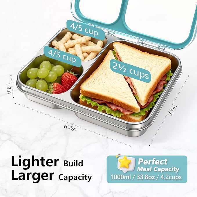 HOMEKOL Stainless Steel Bento Lunch Box 3-Compartment, 4.2Cups, Blue | Leak-Proof Metal Lunch Container for Kids & Adults, BPA-Free, Dishwasher Safe, Clear Tritan Lid, 1000ml (Not Insulated)