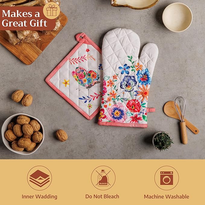 Maison d' Hermine Pot Holders 100% Cotton Heat Resistant Potholders 8" x 8" Hot Pads with Loop Baking Gifts for Mothers Day Handling Hot Pans Spring/Summer(Pack of 2, Happy Florals - High Summer)
