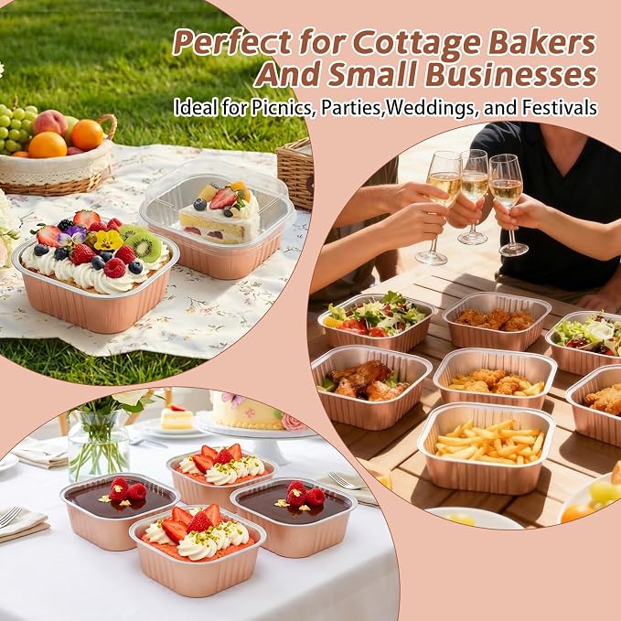 200 Pack 10 oz Square Mini Cake Pans with Lids, Disposable Aluminum Foil Baking Cups, Mini Ramekins for Brownies, Cupcakes, Cheesecake, Individual Desserts, Christmas Parties & Catering