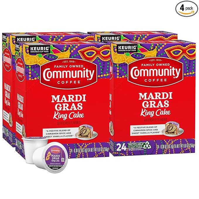 Community Coffee Mardi Gras King Cake Flavored 96 Count Coffee Pods, Medium Roast, Compatible with Keurig 2.0 K-Cup Brewers, 24 Count (Pack of 4)