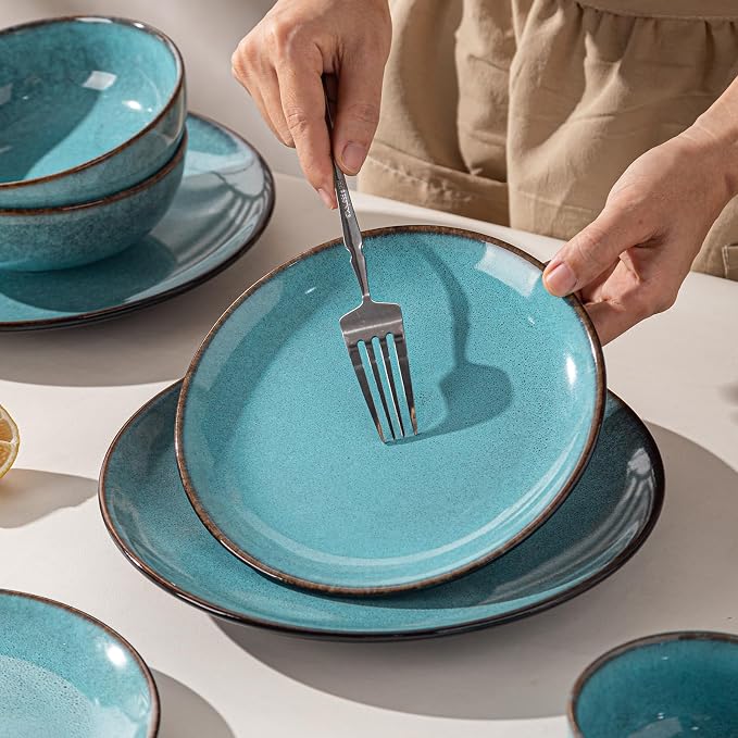 16 Piece Dinnerware Sets for 4， Scratch Resistant,microwave oven and Dishwasher Safe Plates and Bowls Sets Ceramic, Dish Set, Bowl and Plate Set -Kiln turned sea blue