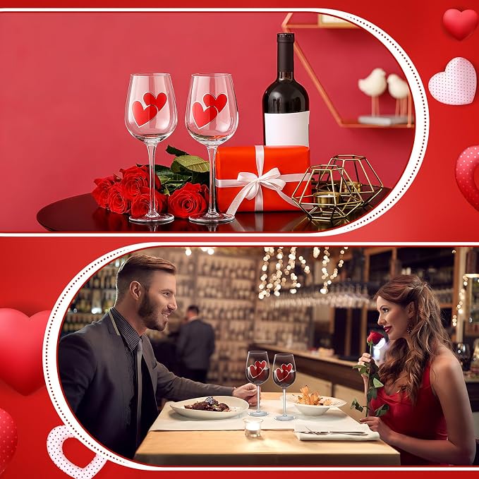 SiliFine 4 Pcs Valentine's Day Red Hearts Theme Party Stemmed Wine Glasses Hand Painted Red Heart Drinking Cup Wine Glasses Gifts for Birthday Theme Holiday Party Supplies