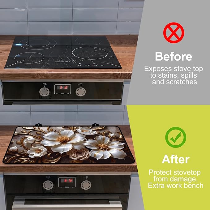 Glass stove top cover 28"x 20", Stove Top Covers for Electric Stove, Flat Range Mat for Glass Cooktop, Kitchen Heat-Resistant Protector Non-Slip Drying Mat (Golden Flowers)