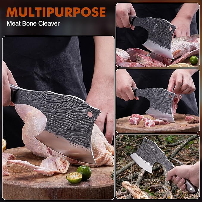 OPAYLY Heavy-Duty Bone Chopper Knife Hand Forged Meat Cutting with Cover Meat Bone Cleaver Knife High Carbon meat knife for Kitchen Outdoor Camping BBQ men gifts