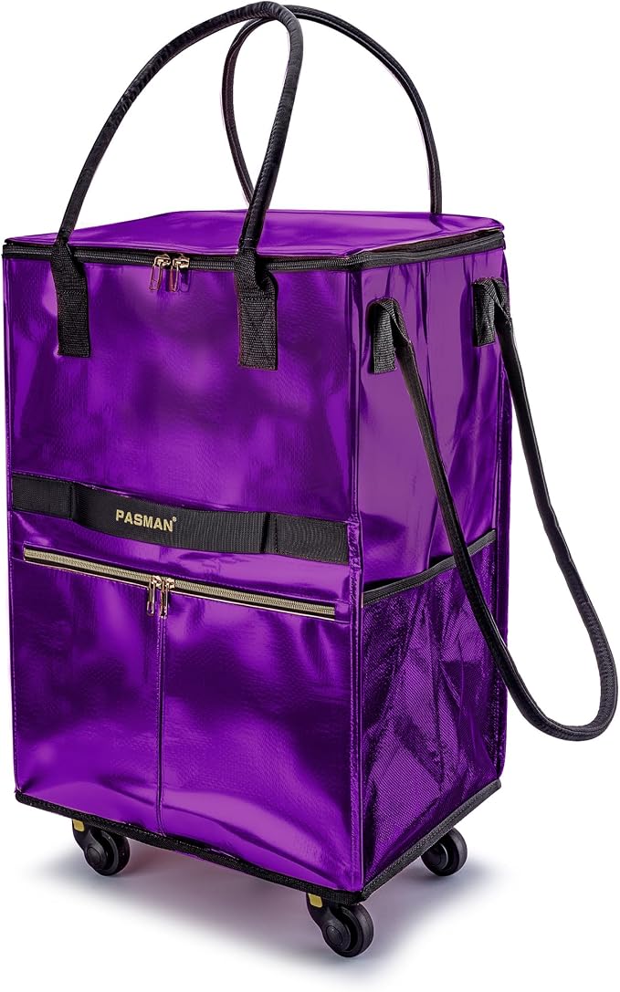 Reusable Grocery Bag on Wheels, Foldable Rolling Tote Bag with Handle and Zipper Cover, Heavy Duty Shopping Cart for Laundry, Market & Travel (Purple, Large_120L)