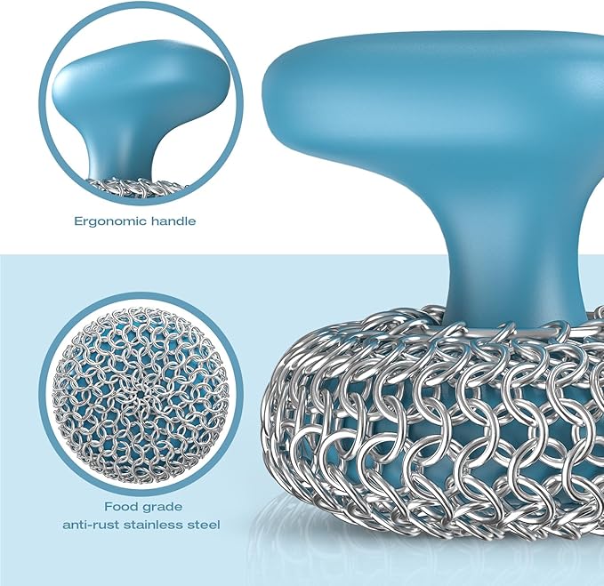 Cast Iron Scrubber | Dish Scrub Brush | 316 Cast Iron Cleaner Chainmail Scrubber Circle + Square 2PCS Blue