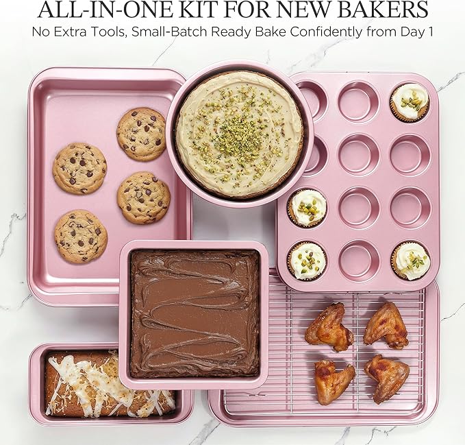 KITESSENSU Baking Pans Sets, Nonstick Bakeware Sets 19-Piece with Round/Square Cake Pan, Loaf Pan, Muffin Pan, Cookie Sheet, Roast Pan, Cooling Rack, Carbon Steel Bake Set Pink